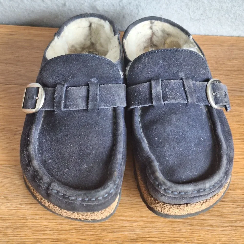 Birkenstock Women's Gray Suede Shearling Mule Clogs with Buckle - Picture 12 of 14